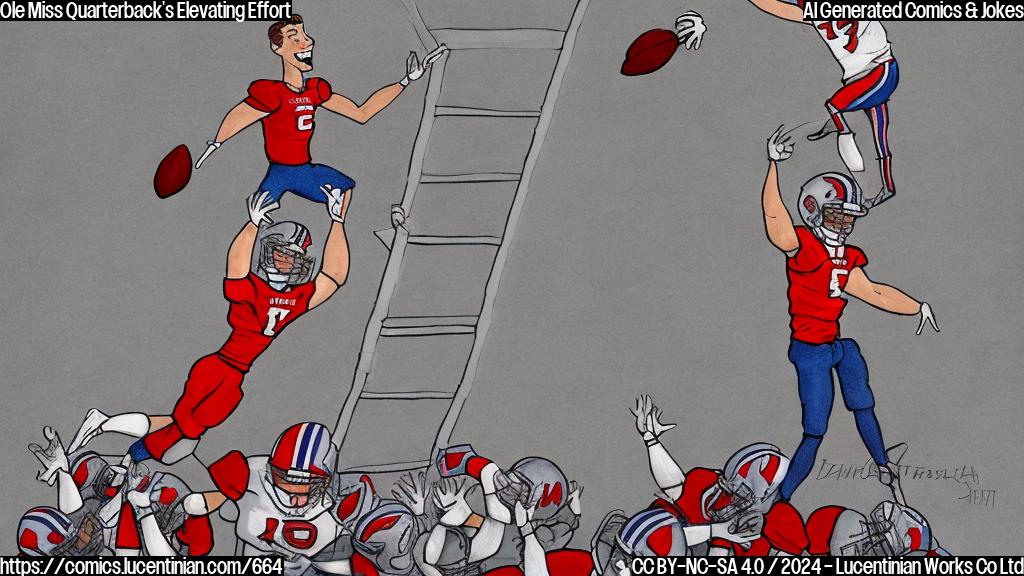 Draw a plain color cartoon style picture of an Ole Miss football player standing on top of a ladder, with a big smile on his face and a football in hand.