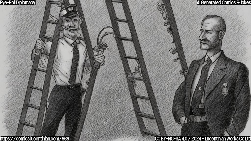 Draw a simple cartoon of a middle-aged, serious-looking man in a suit standing behind a large, ornate ladder. The ladder should be leaning against a white, plain wall. A small, embarrassed-looking figure with eyes rolled back is standing at the bottom of the ladder, wearing a military uniform and holding a megaphone.