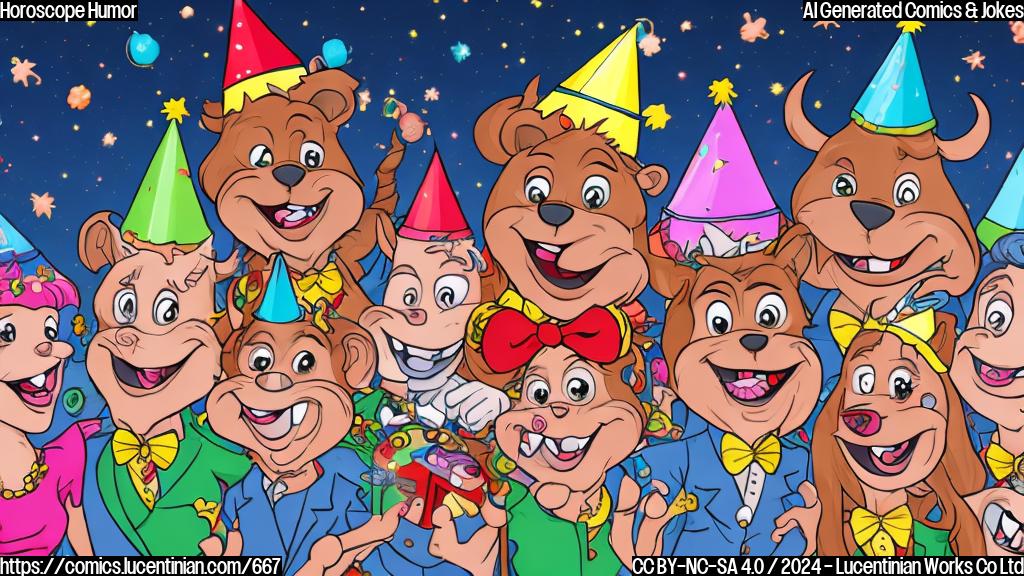 A cartoon of a smiling Scorpio character surrounded by guests with party hats, each guest holding a small sign that says "Bring your A-game" in bold letters. The Scorpio character is wearing a party hat and a red bow tie, with a few astrological symbols surrounding them.