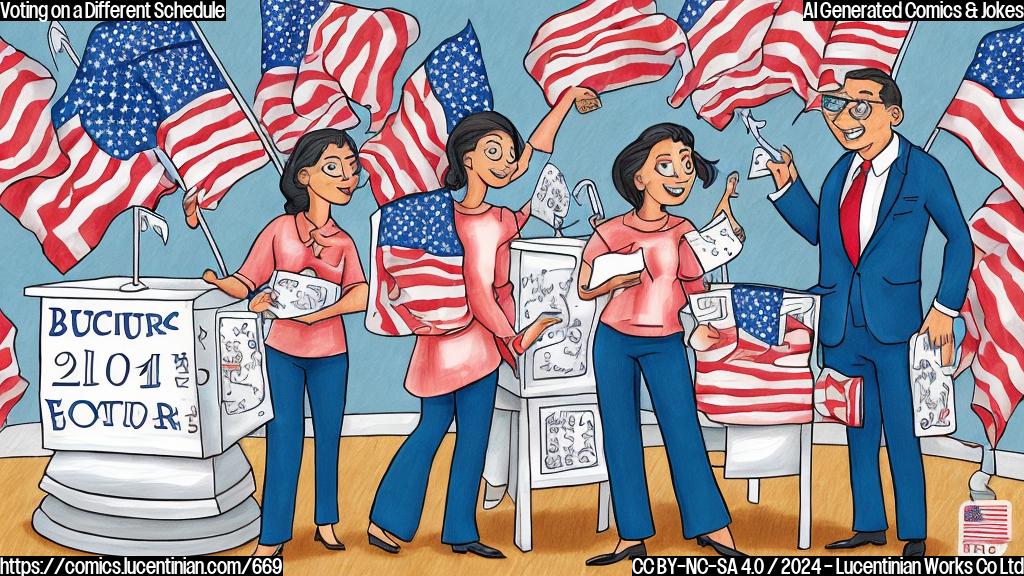 Draw a cartoon of two people casting ballots at different times of the year. The first person is standing in front of a calendar with multiple dates marked, including today and next week. The second person is holding a ballot box with a calendar in the background that shows all 12 months of the year. Both characters have big smiles on their faces and are surrounded by American flags and election-themed balloons.