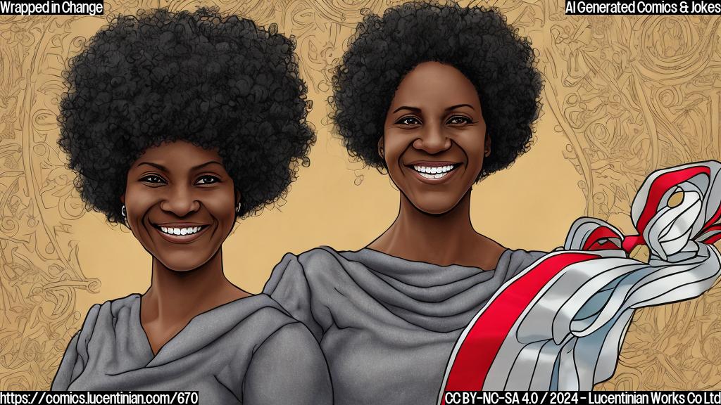 Draw a plain color cartoon style picture of a smiling Kemi Badenoch (a 44-year-old black woman with short, curly hair) holding a large "Wrapped" banner (a ribbon or strip of fabric wrapped around something) while standing in front of a backdrop of the British Parliament building. The background should be a neutral color to represent change and new beginnings.