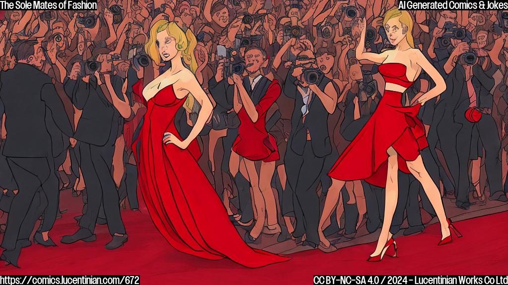 Draw a plain color cartoon style picture of a woman in a red dress, wearing high-heeled red shoes with gold buckles, standing on the red carpet at an upscale event, surrounded by flashing cameras and cheering crowds.