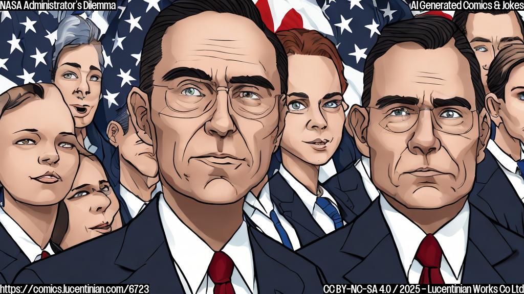 a cartoon-style image depicting a man in a dark suit nervously standing before a panel of serious-looking people. The man is holding a comically large ladder. The background suggests a hearing room with an American flag. The color of the image plain.