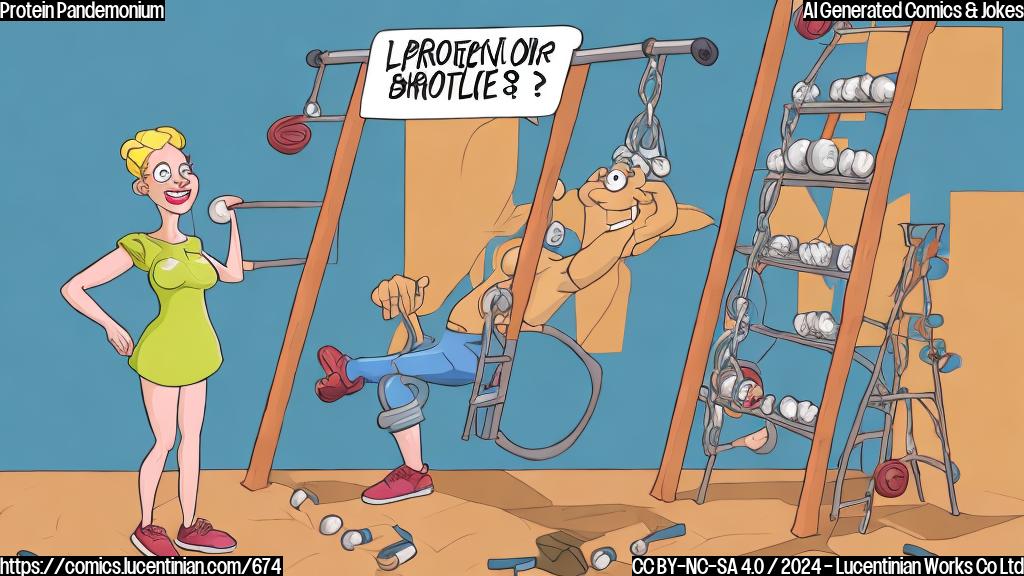 A cartoon of a person lifting weights with a ladder behind them, with a giant protein shake on the ground near their feet, and a surprised expression on their face. The ladder should be labeled "Protein Shakes" in a playful font.