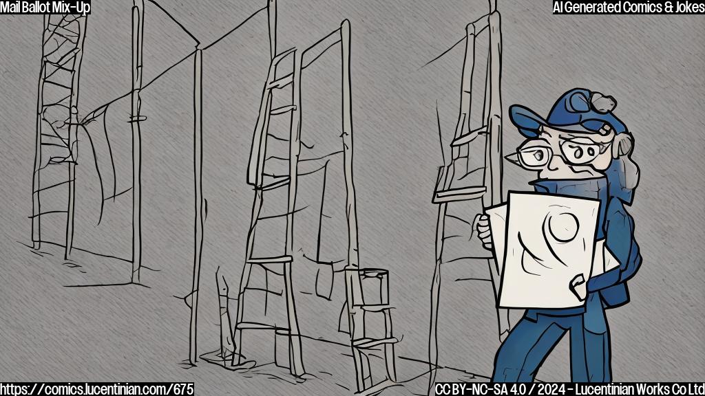 Draw a plain color cartoon style picture of a person holding a mail ballot, with a ladder leaning against it in the background. The person and ladder should be simple shapes and lines, without any distinctive features or textures.