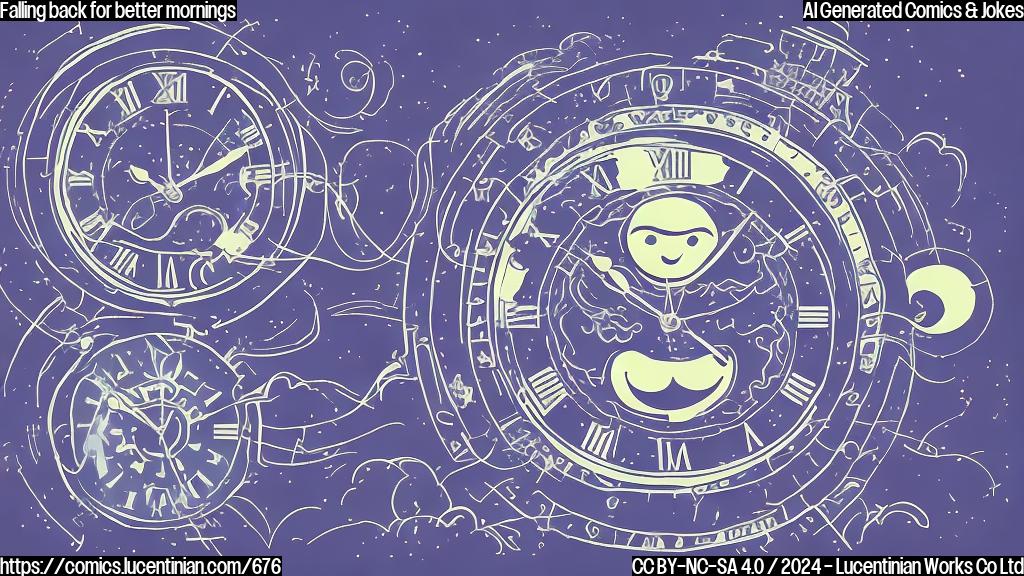 Draw a simple, plain color cartoon of a person waking up early in the morning with a smile on their face, surrounded by clock hands moving forward in time. The background should be dark blue or purple to represent nighttime, and the sun should be rising in the distance, symbolizing a new day.