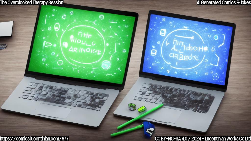 Draw a simple cartoon of a blue and white laptop with glowing green lines coming out of its sides, surrounded by thought bubbles with a worried CPU icon inside. The laptop is sitting on a therapist's couch, with the therapist (a calm, smiling humanoid robot) in the background.