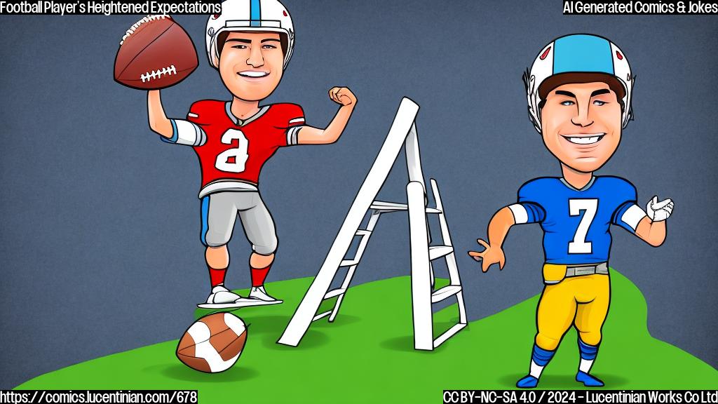 Draw a cartoon of a football player standing on top of a ladder, wearing a helmet and holding a football, with a confident expression on their face. The background should be a simple green grass field.