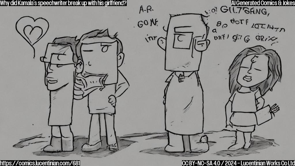 Draw a cartoon of a person breaking up with their girlfriend, with a speech in front of them and a scribbled-out love letter on the ground. The boyfriend should be holding a laptop with a screen showing a script for a speech.