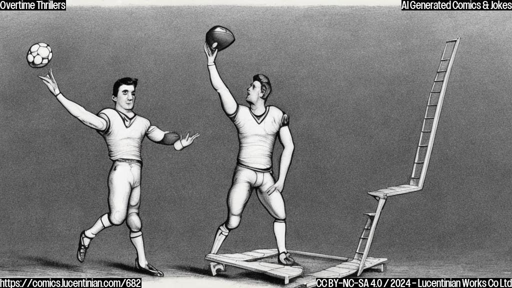 Cartoon of a football player standing on a ladder, with a football in hand and a football field in the background. The ladder is tilted slightly, as if it's leaning against the goalpost. The player's face is set in determination, and their arms are stretched out to catch the ball.