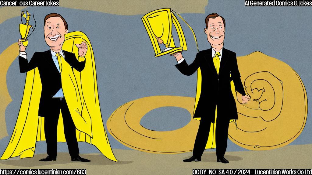 Draw a cartoon of a smiling, middle-aged man in a suit, holding a colon-shaped trophy with a cape flowing behind him. The background is a bright, sunny yellow.