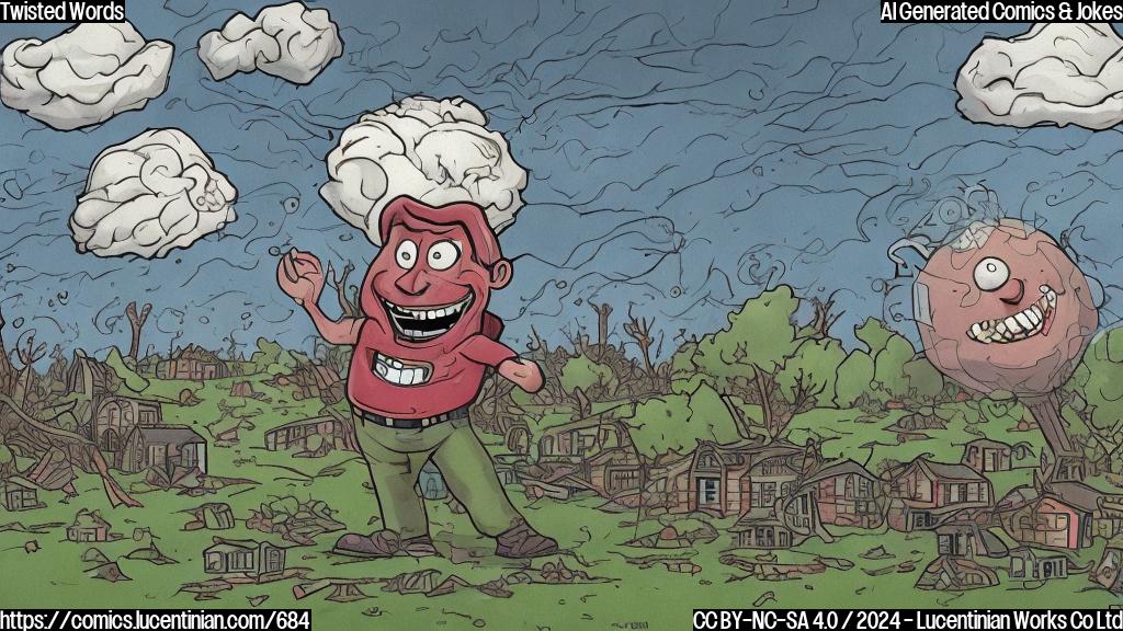 A cartoon of a smiling tornado with a speech bubble saying "I'm sorry" and a background of damaged buildings and trees, in a plain color style. The tornado should have a sad face and a few wisps of debris floating around it. Include some subtle Oklahoma-themed details like a small "OK" shape in the distance or a faint image of a cowboy hat.