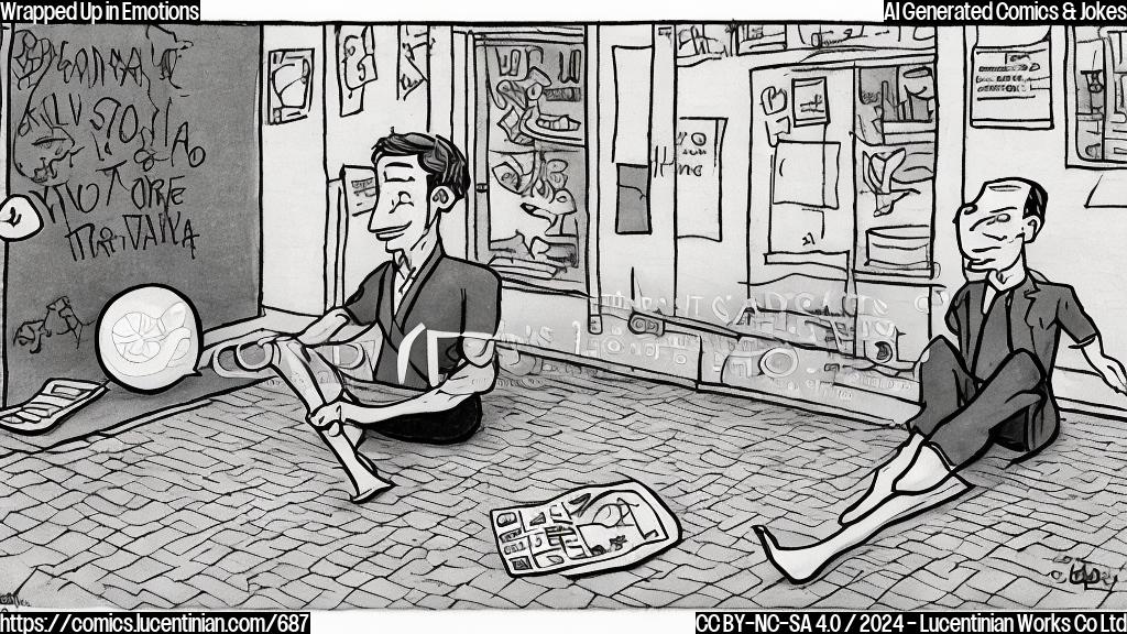 Draw a cartoon of a person (the businessman, Edwin Arroyave) sitting on a mat after a hot yoga class, with a confused expression on his face. He has a wrapped-up ball of yoga tape around his waist and is looking down at it with a puzzled gaze. His arms are stretched out to the sides, as if trying to "unroll" himself from an invisible burden.