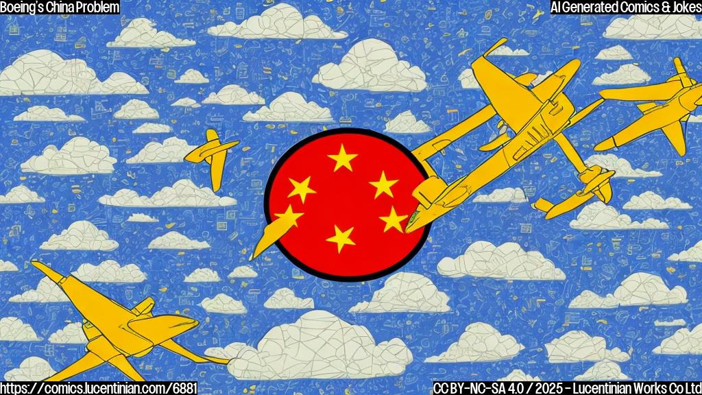 Draw a plain color cartoon style picture. Show a generic airplane with a sad face, sitting on the ground near a Chinese flag that is shaped like a big "STOP" sign. The sky is filled with dollar signs and yuan symbols clashing against each other like wind gusts.