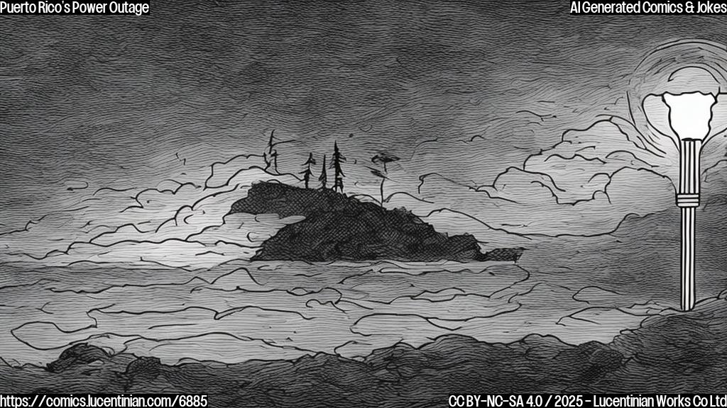 A cartoon drawing of a sad, dark island with a single, flickering light bulb above it. The light bulb has a worried expression. The color is plain.
