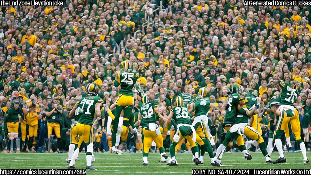 Draw a cartoon of two football players, one with a ladder, and another looking out at the crowd, both in green and gold jerseys, on a green grass field in Lambeau Field. The ladder should be leaning against a goalpost, and the player on top of the ladder is holding up a football.