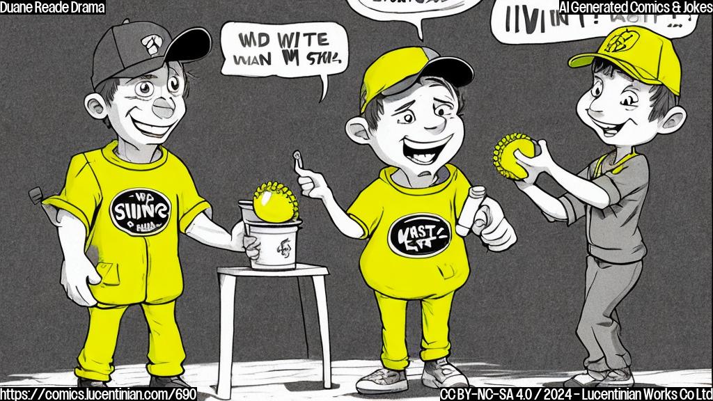 Draw two cartoon characters, one wearing a baseball cap and holding a "I'm with Stupid" t-shirt, standing next to another character in a bright yellow jumpsuit and a tub of wasabi on the counter. The yellow-suited character is giving a sly grin while the other looks uncomfortable.