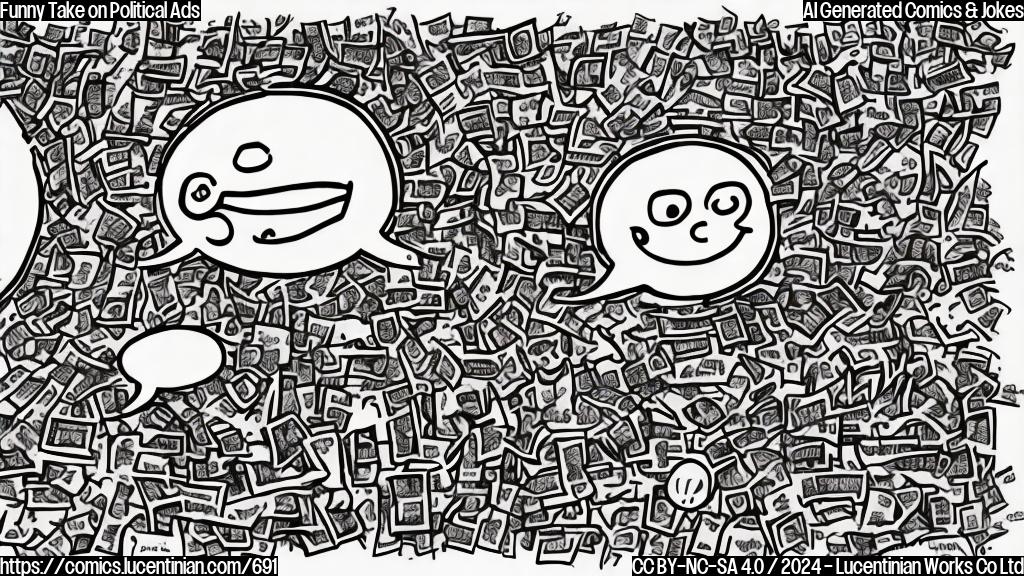 Draw a plain color cartoon-style picture of a smiling ad with a thought bubble, revealing a person in the background with a confused expression, surrounded by scribbled-out text and a faint outline of a therapist's couch.