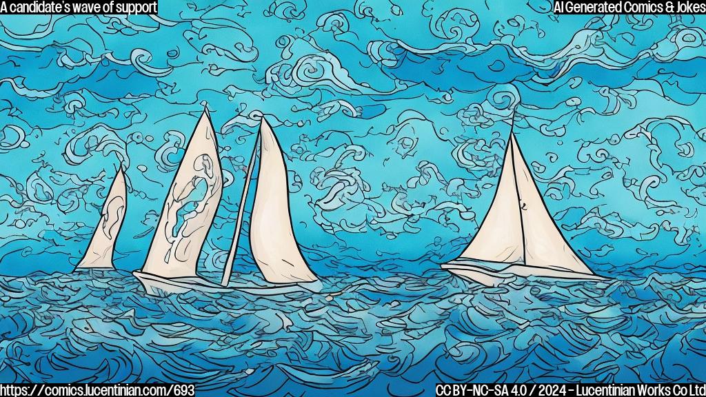 Draw a plain color cartoon style picture of a small boat, with the ocean waves gently lapping at its hull. The boat has one smiling face peeking out from behind a sail, surrounded by blue water and greenery.