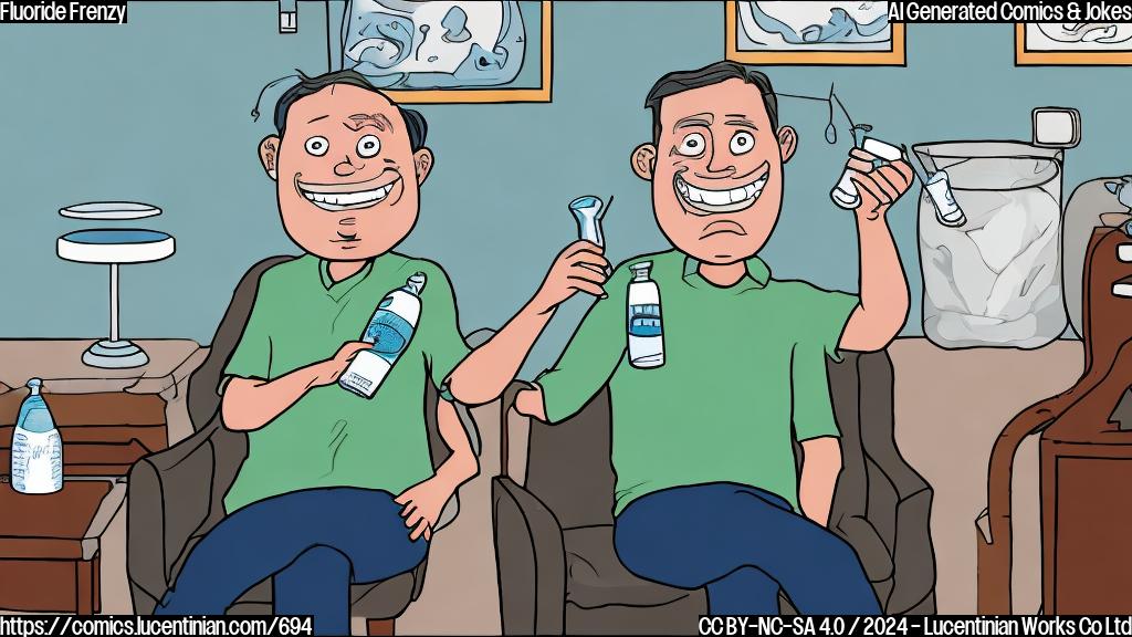 Illustrate a cartoon of a person in a therapist's chair, with a thought bubble above their head containing a tooth. The person is holding a glass of water with a slight smile on their face. In the background, there are several fluoride-related objects such as toothpaste tubes and dental floss.