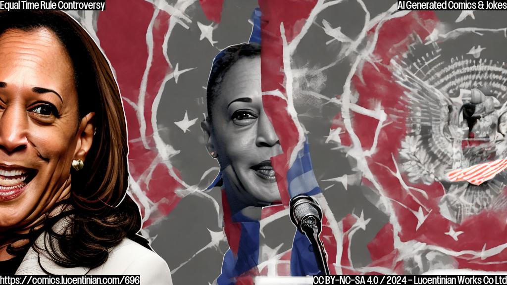 Illustration of a TV screen showing a split-screen image with Kamala Harris on one side and a smiling host on the other, with a red "X" marked through the host's face. In the background, there is a faint image of a news headline reading "FCC Commissioner Calls Out SNL for Bias".