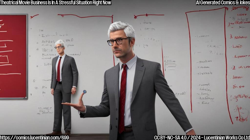 A director with glasses and grey hair, wearing a suit, standing in front of a whiteboard with a "To-Do" list. One character from the movie is shown in the background, trying to escape. The character has blonde hair and is wearing a red shirt.