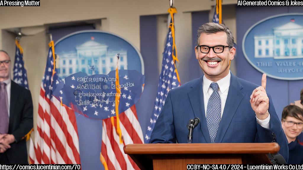 a cartoon style picture of a bespectacled, middle-aged man with a confident smile, wearing a suit and standing behind a podium. The background should feature a simple press briefing room with rows of chairs for reporters, who are all looking at the man with interest. The man is holding a sheet of paper in his hand, as if preparing to answer questions. He has a few papers on his podium with some charts and graphs. The color palette should be muted, with shades of blue and green, and the overall style reminiscent of a 90s cartoon.