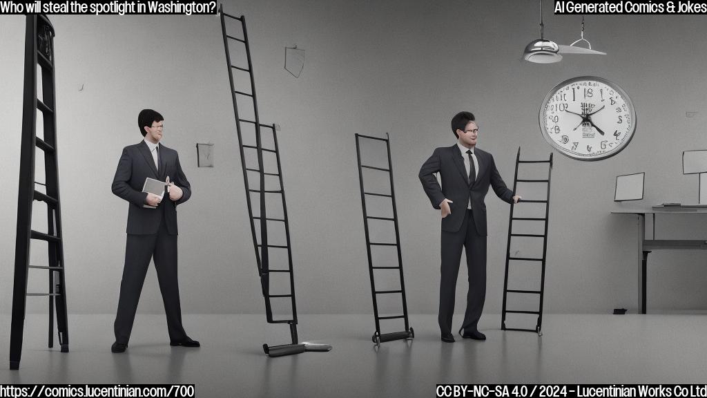 A person with a briefcase and a calculator, standing next to a large ladder, looking up at it. The background is a simple gray office scene with a clock on the wall showing 3:00 PM.