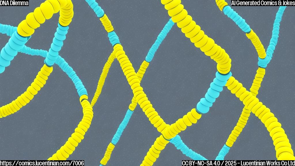 A simple cartoon image. Two stylized DNA strands, one a bright yellow color, the other a vibrant blue color, standing back to back with frowning faces. The background is a plain light gray. The art style should be minimalist and focus on conveying the idea of disagreement.