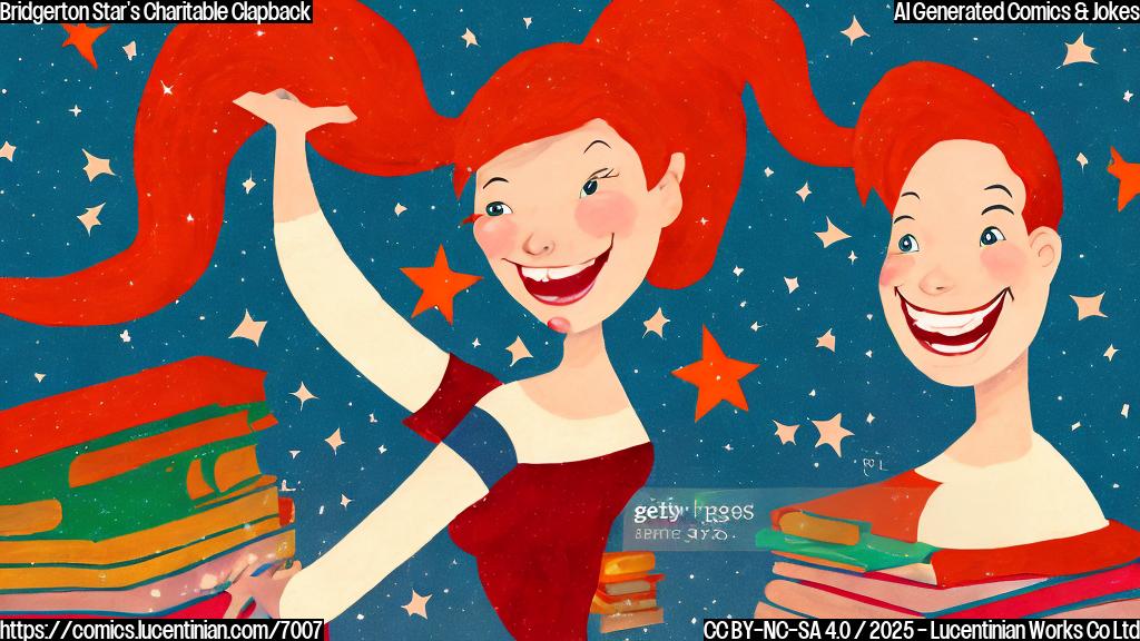 cartoon of a smiling woman with red hair holding a very long pole, reaching towards a stack of books with stars on them, all in bright, plain colors