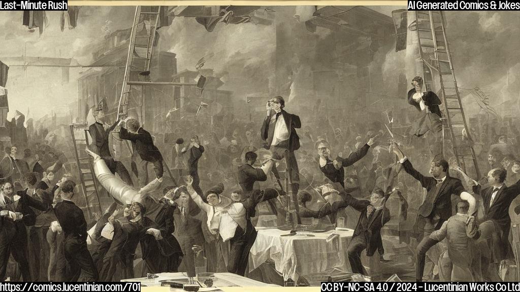 A furious businessman and an angry politician standing on a table, holding microphones and gesturing passionately towards each other, with a tall ladder behind them partially visible in the background. The atmosphere is tense and chaotic, with voters in the audience looking worried and confused.