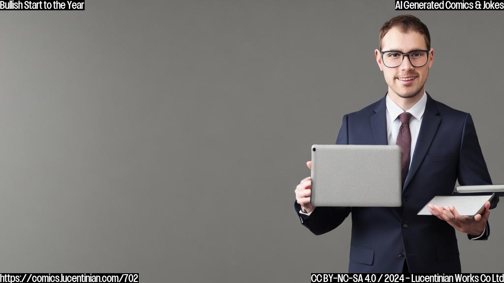 A person holding a tablet with a graph on it, wearing a suit and standing next to a small step stool