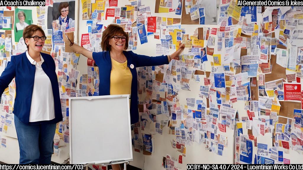 A smiling, middle-aged woman with short brown hair and glasses stands in front of a whiteboard filled with notes, holding a small ladder. She is surrounded by campaign posters and a crowd of people are listening intently to what she has to say.