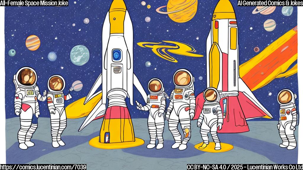 A cartoon-style drawing depicting a group of diverse women in spacesuits, standing in front of a stylized rocket ship. The overall color scheme should be plain and the style similar to minimalist children's illustrations.
