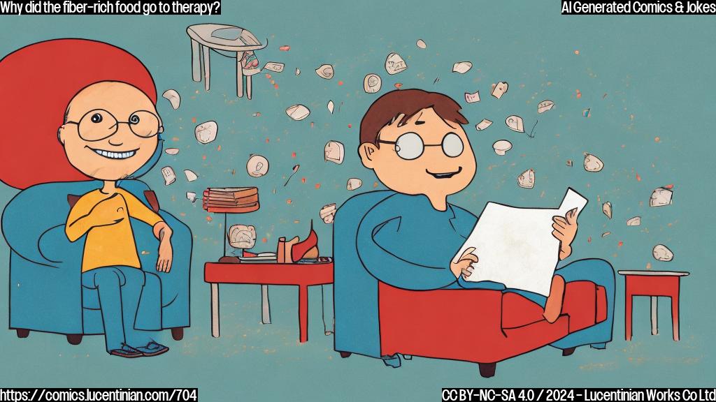 A picture of a cartoonish, smiling bran cereal box with a thought bubble and a therapist's couch in the background, using muted colors and simple shapes.