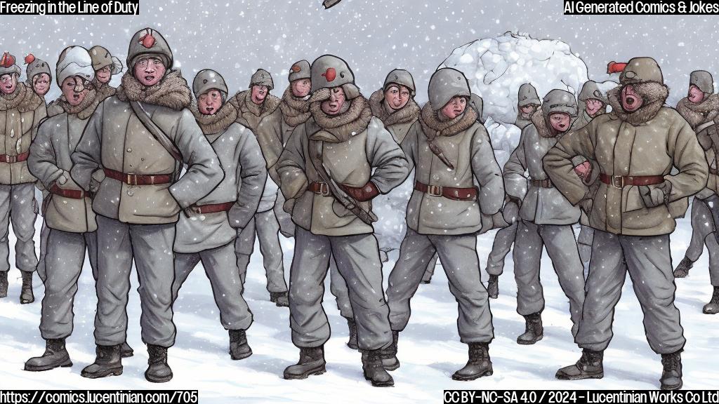 A cartoon-style illustration of a soldier wearing winter gear, with a shocked expression on his face, standing behind a barricade with a group of North Korean soldiers in the background, one of whom is throwing snowballs at him. The entire scene should be depicted in a cold, wintry color palette.