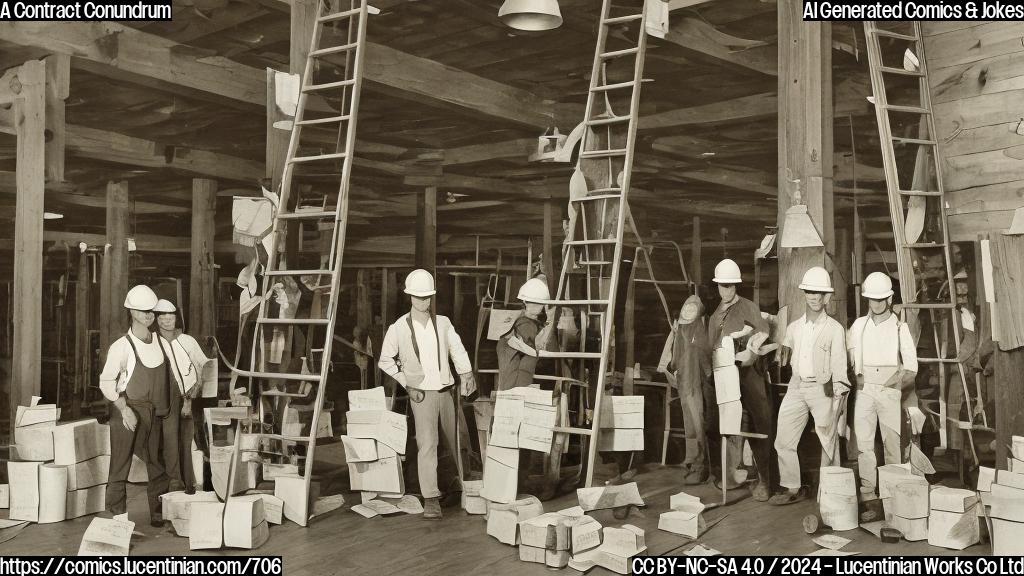 a group of workers in hard hats and safety glasses standing in front of a large wooden ladder, with a single light bulb representing the union representative on top, surrounded by notes and papers