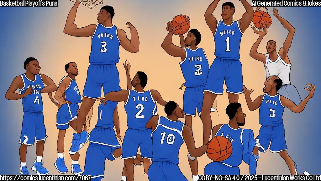A plain color cartoon of a basketball team consisting of five players. They are all wearing blue jerseys and shorts. One player is holding a very large ladder, struggling to carry it. The background is a simple white with the text "The Stakes are High!" written in a playful font.