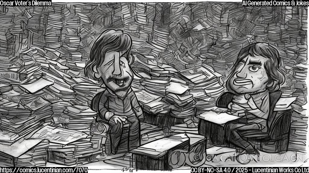 A cartoon drawing of a stressed-looking man with messy hair sitting in a dark movie theater, surrounded by piles of movie screeners. He's holding a large pillow and has a weary expression on his face. The theater is nearly empty, except for one or two other equally tired-looking figures in the background.