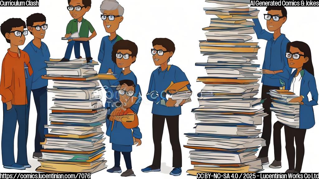 A cartoon image depicting a group of adults, some wearing glasses and looking serious (representing the school board), standing around a stack of books. One of them is holding a ladder. In the background, slightly out of focus, are silhouettes of children. The style should be simple, flat colors with bold outlines, reminiscent of educational materials.