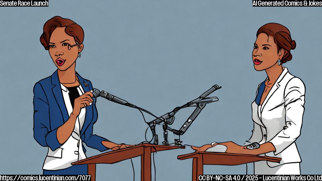 A cartoon style image of a woman wearing a business suit, standing on a podium with a microphone, giving a speech to a crowd. The background is a plain, light blue color.
