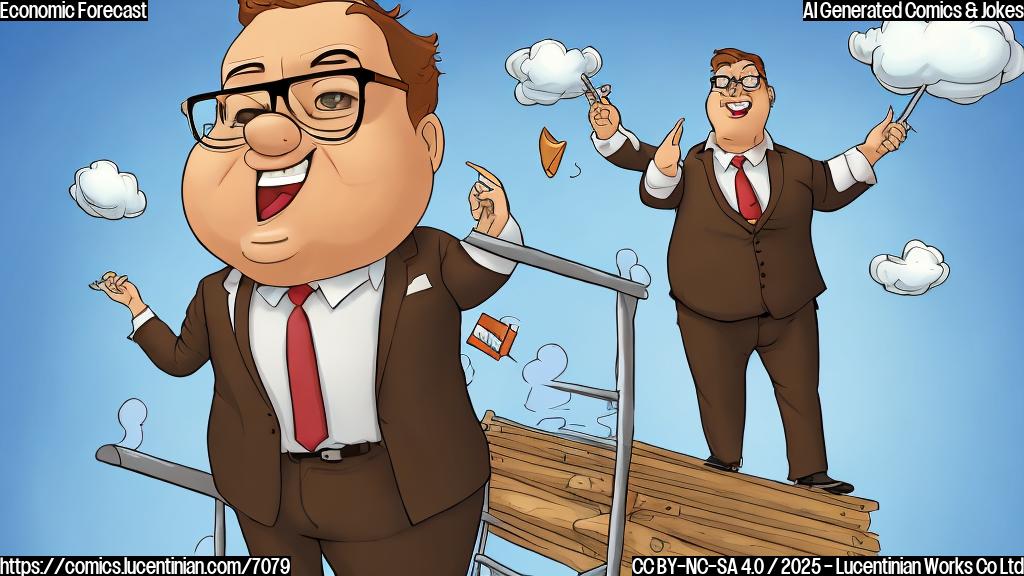 Cartoon image. A slightly overweight character with glasses, wearing a brown suit and tie, is struggling to climb a comically oversized ladder labeled "Investment." Above him, floating among cartoon clouds, are giant dollar signs. The background is a plain, light blue color. Style is simple and bright.