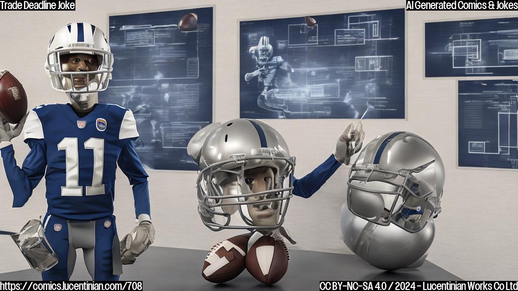 A humanoid figure with a football helmet and a briefcase stands on a ladder, looking anxious near a large piece of paper with " Trade" written on it. The background is a blurred image of a NFL conference room.