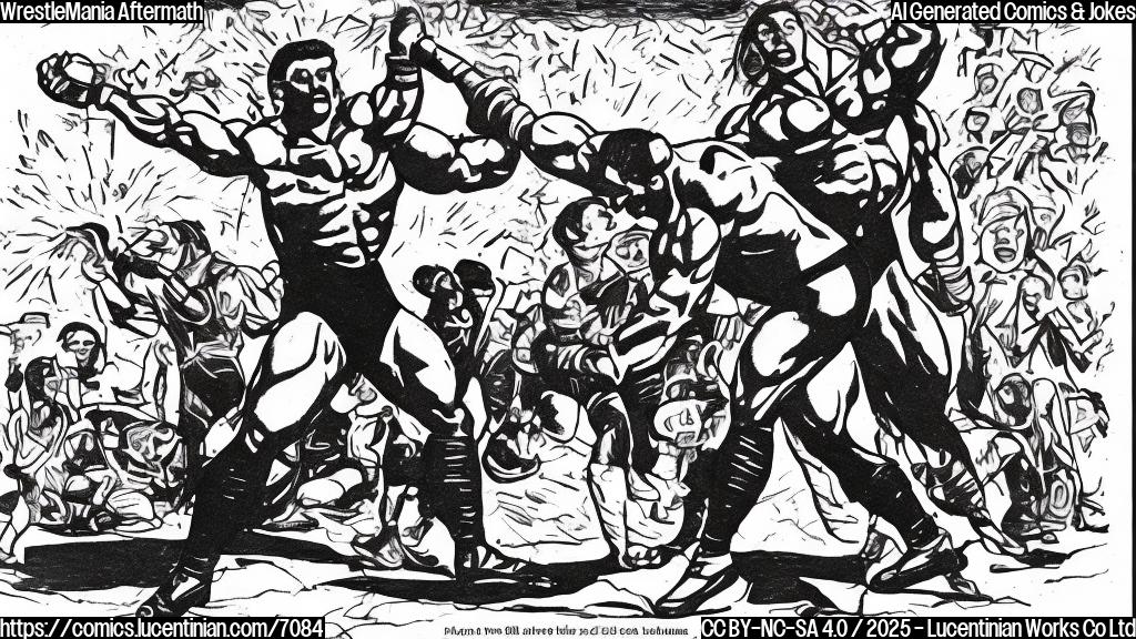 A cartoon drawing of a muscular wrestler in black sports clothes, holding a wrestling championship belt over his head in a wrestling ring. Fireworks are exploding in the background. Plain, bold colors.
