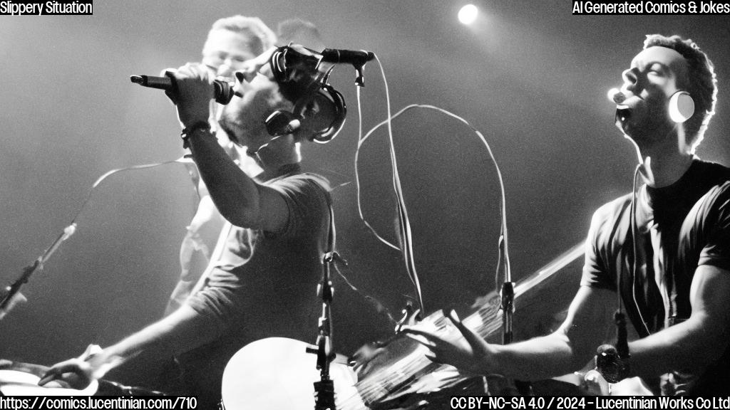 A large, dark, circular hole with a dimly lit interior and a slight incline to one side, surrounded by a group of concertgoers and music equipment. A person (Chris Martin) is standing near the edge of the stage, wearing a microphone headset and holding an instrument. His legs are about to slip on the edge.