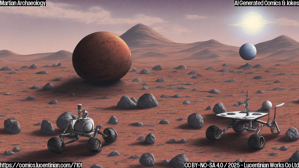 A plain color cartoon style picture of a red planet with floating grey rocks and a skull-shaped rock. A small rover with solar panels is in the foreground, looking confused.