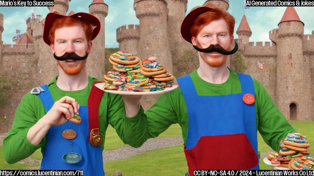 A smiling, red-haired, mustachioed character with a green tunic and blue overalls, holding a plate of colorful cookies in one hand and a key in the other. The background is a medieval-style castle with flags waving above it.