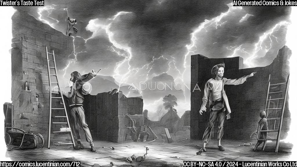 Illustrate a cartoon of a person holding a ladder and standing next to a smaller, fleeing figure inside a small building with a funnel cloud outside. The fleeing figure is shown holding a clipboard and looking worried. The ladder should be leaning against the building in a dramatic pose.