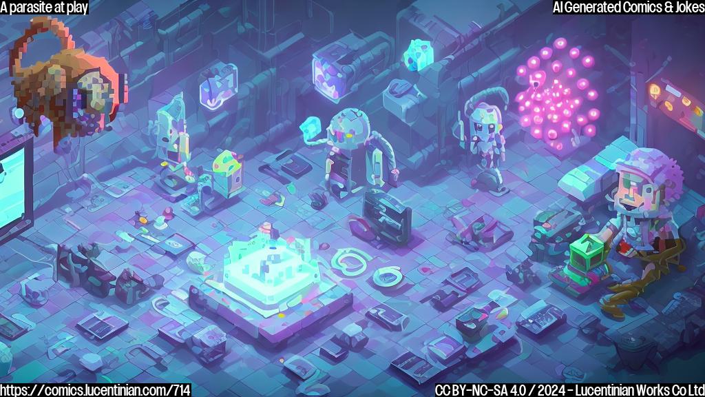 Illustrate a cartoon-style image of a pixelated gamer character with a faint, glowing parasitic creature attached to their head, surrounded by broken gaming controllers and screens displaying error messages. The parasitic entity should be shown as a wispy, translucent blob with an "X" rank symbol over it.