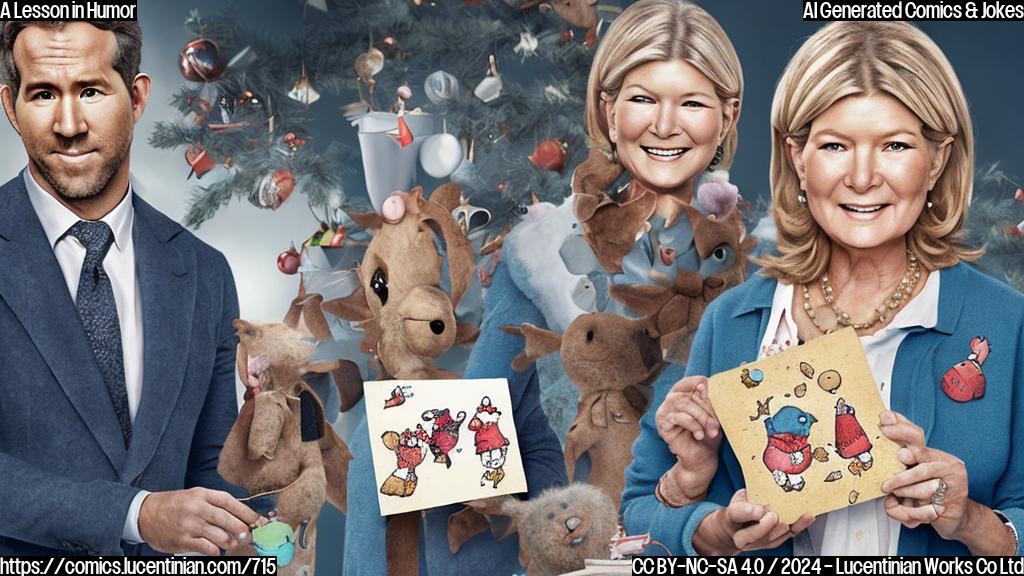Illustrate a cartoon of Martha Stewart surrounded by failed craft projects, with a disappointed look on her face, next to Ryan Reynolds, who is holding a small, sad-looking house decoration with a "dud" stamp on it. Both characters should have contrasting expressions of disappointment and frustration.